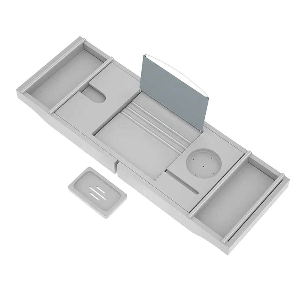 Luxury Bamboo Bathtub Caddy Tray with Book and Wine Holder, Bath Accessories & Bed Tray with Extending Sides, Gray