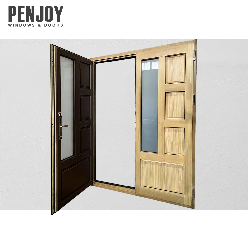 Penjoy Soundproof Energy Efficient Aluminum Clad Wooden Door Exterior Tempered Glass Door