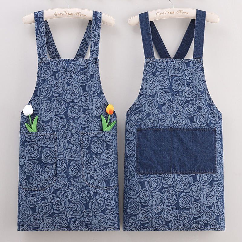 Denim Fabric Double Pockets Customize Embroidery Logo Painting Custom Multiple Colors Apron