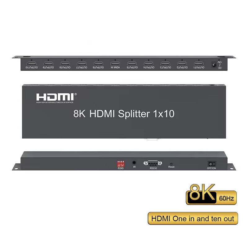 Custom 1 in 10 out HDMI Splitter 10 Port 10port 10way 8K 60Hz 4K 120Hz Video Splitter HDMI 1X10 1 Input 10 Output