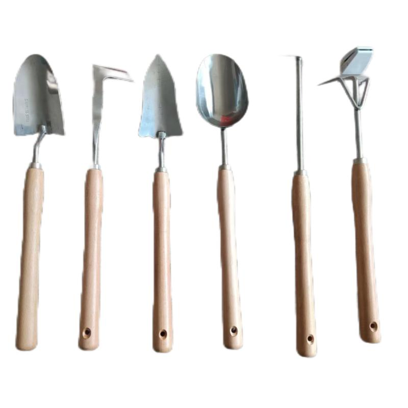 6 PCS Heavy Duty Ash Wood Handle Garden Tool Set with Mirror Polish Wood Stainless Steel Head