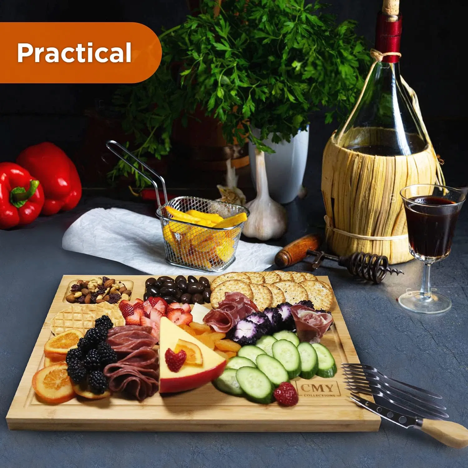 Bamboo Household Minimalist with 2 Knives and 4 Forks Cheese Board Set Cheese Board