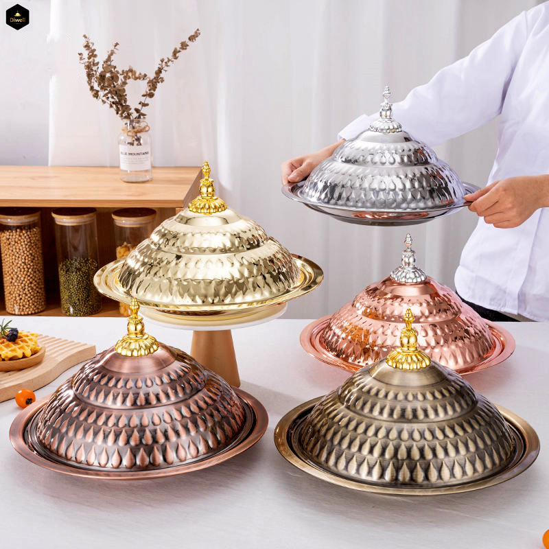 Hotel Ware Gold Light Luxury Mirror Polished Dishes Set Metal Serving Trays with Lid
