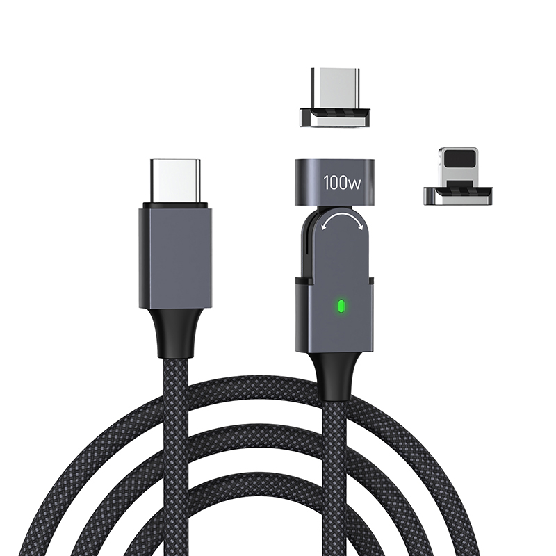 1m Pd 100W 480Mbps 180 Degree Rotating Magnetic Data Cable with Type-C / IP Adapters Car Charger Fast Charging Cable