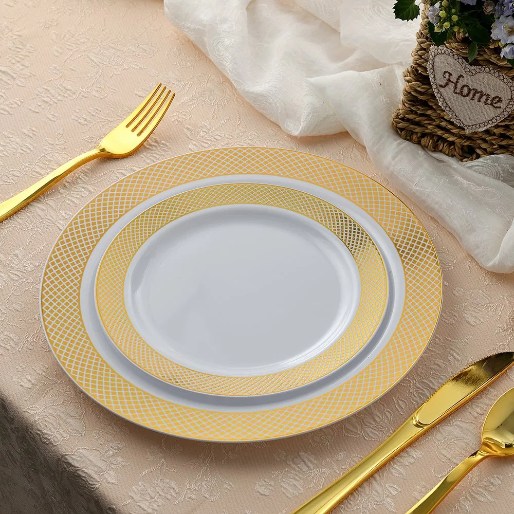 175PCS Elegant 7.5 Inch 10.25" White Plastic Plate with Gold Hollow Rim PS Charger Plates for Camping/Wedding/Party