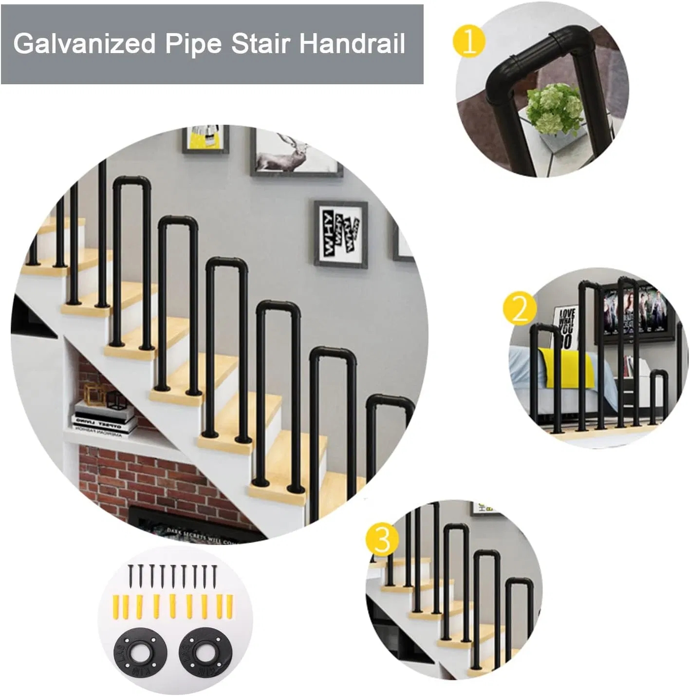 Industrial Malleable Iron Hand U-Shaped Railing Pipe U Handrail for Stairs Porch Garden Loft Corridor Indoor Outdoor