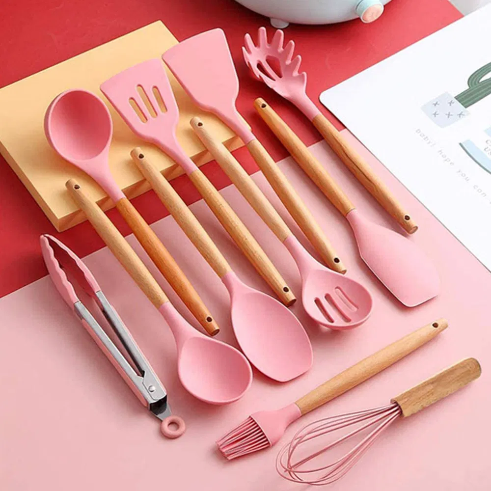 Wholesale Kitchen Utensils Wooden Handles Silicone 12 Pieces Kitchenware