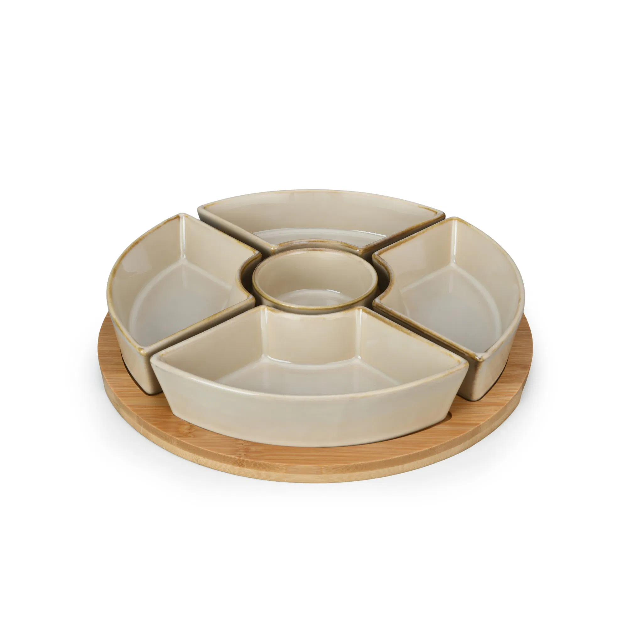 5PCS Divided Porcelain Servingware Ceramic Plate Set with Bamboo Tray