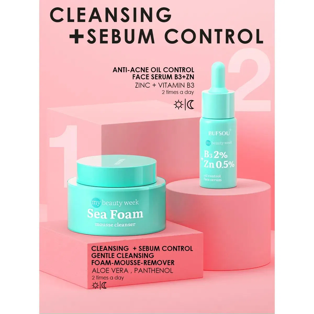 Private Label Wholesale Skin Care Set Aloe Mousse Cleanser Gentle Deep Cleansing Moisturizing Anti-Aging Whitening Face Serum