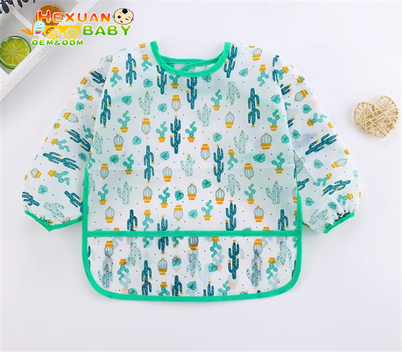 2025 Reusable Waterproof Polyester Printing Cartoon Baby Feeding Bibs with Long Sleeve