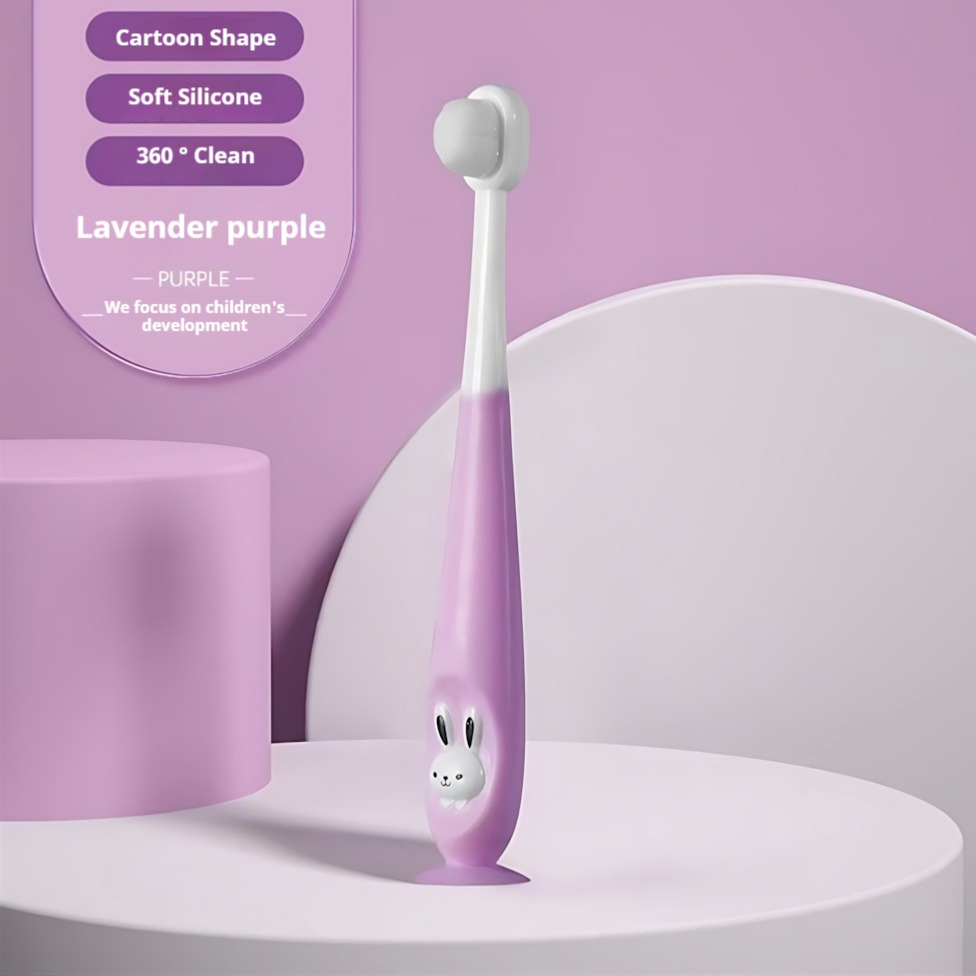 OEM ODM Cute Clover Baffle Silicone Handle Soft Bristle Children's Toothbrush in Green Purple Colors