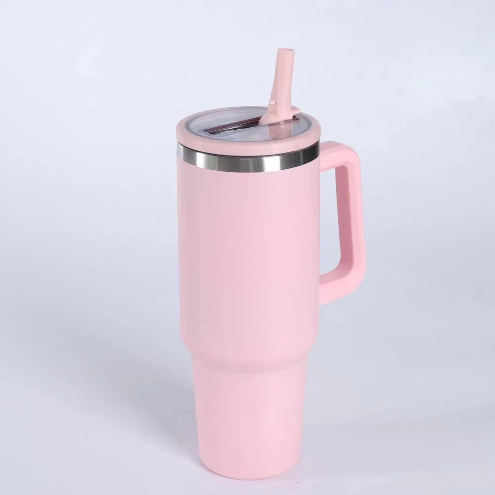 40oz Stainless Steel Double-Layer Insulated Cup Solid Color with Straw Ice Cream Cup Large Capacity Portable Handle Car Cup