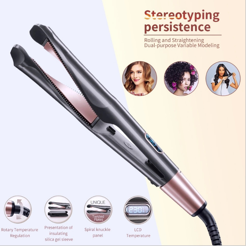 New Arrival Professional 2-in-1 Ceramic Electric Hair Curler and Straightener Portable Rotating Magic Twist Flat Iron with Instant Heating & Digital LCD