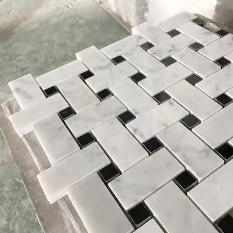 Carrara White Basketweave Tile with Nero Marquina Dots Mosaic Tile for Floor and Wall