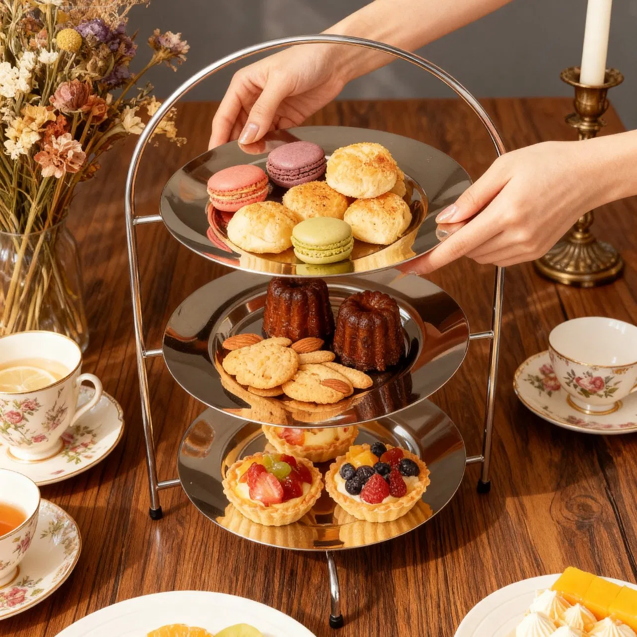 Afternoon Tea Custom Display Stand Wedding Cake Stand Stainless Steel Snack Display Metal Wire Stand