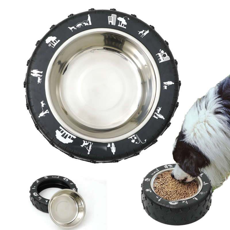 Rubber Tyre Design Dog Bowls Stainless Steel Pet Food Water Dog Bowl Portable Travel Tire Shaped Dog Bowl