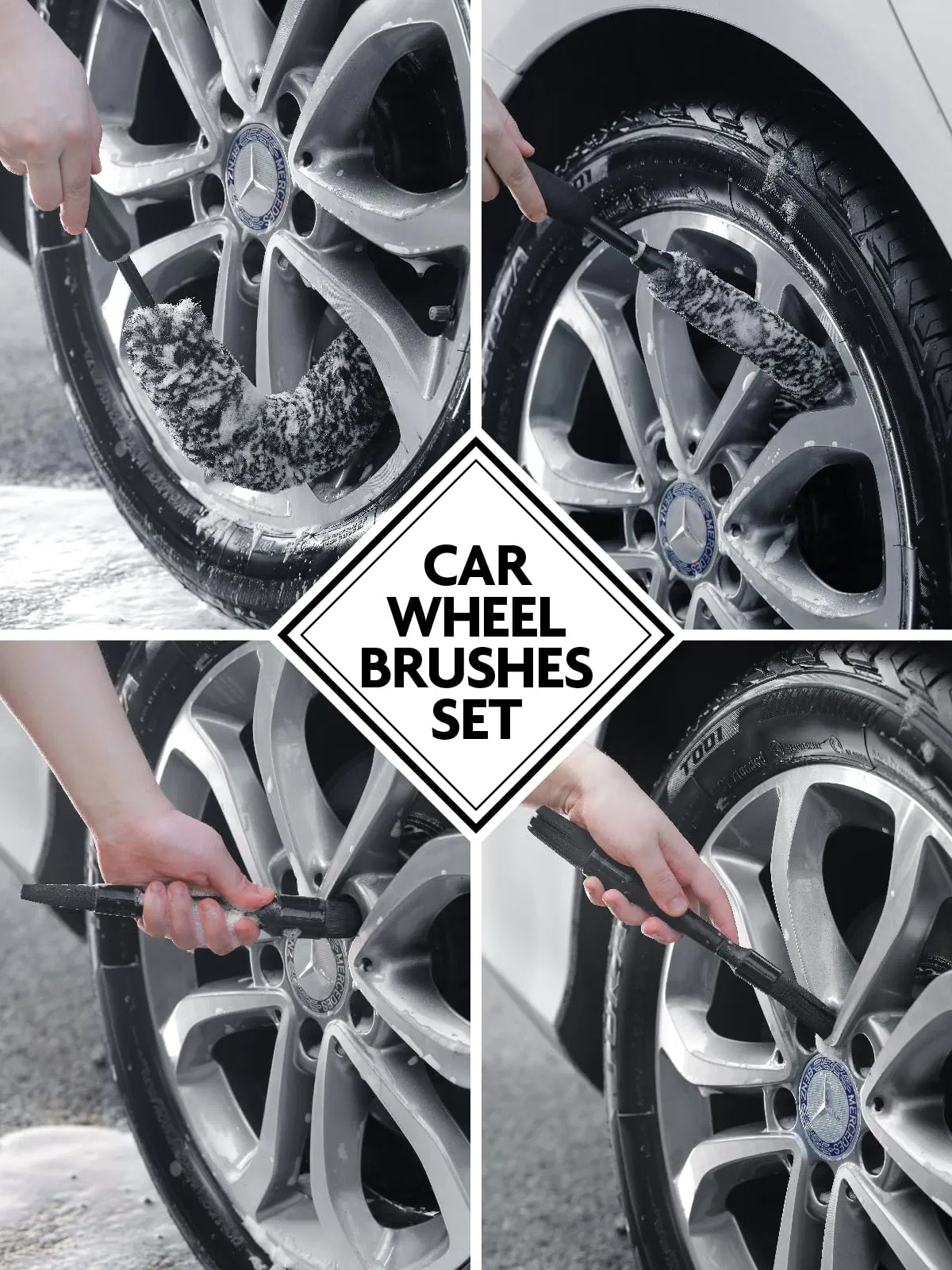 3PCS Car Wheel Detailing Cleaning Set for Soft-Bristled Rims Brush Auto Detailing Brush Set