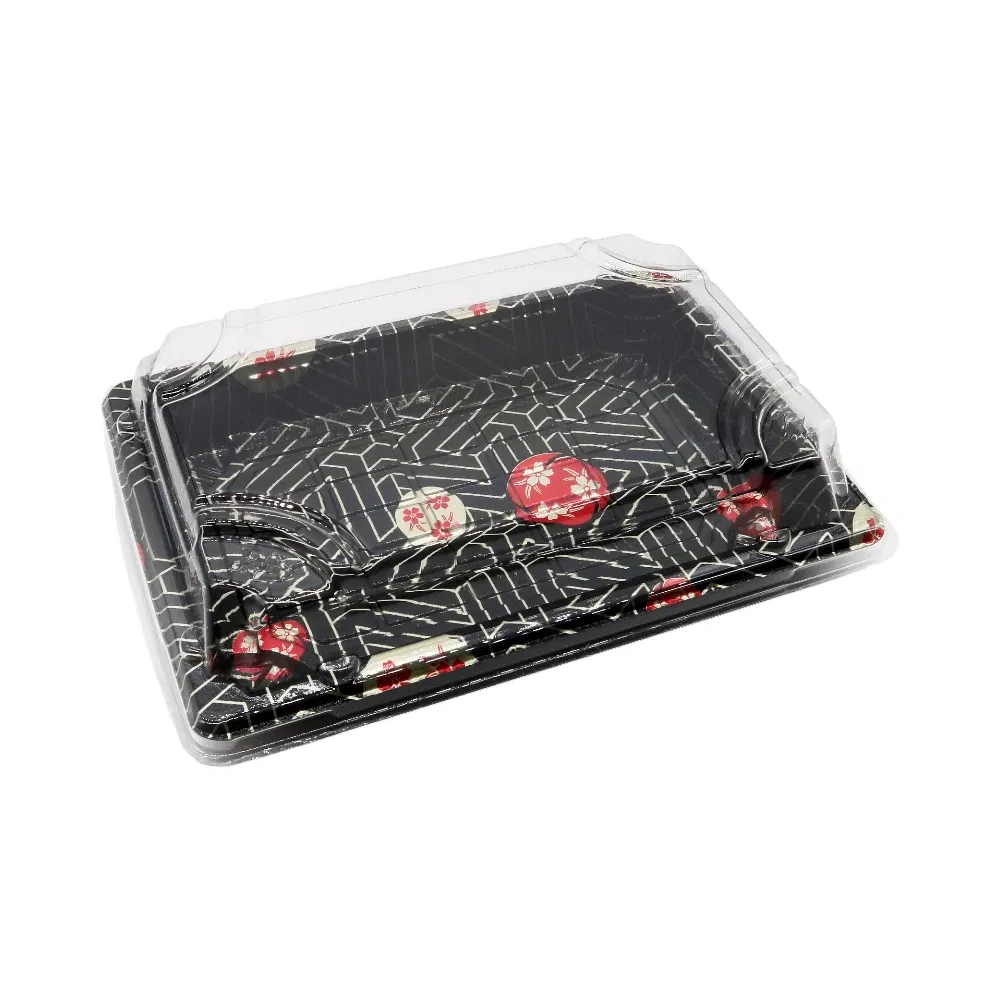 Hot Sales Black Sakura Printing Disposable Sushi Roll Food Packaging Food-Grade Plastic Take Away Desserts Food Container Rectangle Sushi Tray with Clear Lid