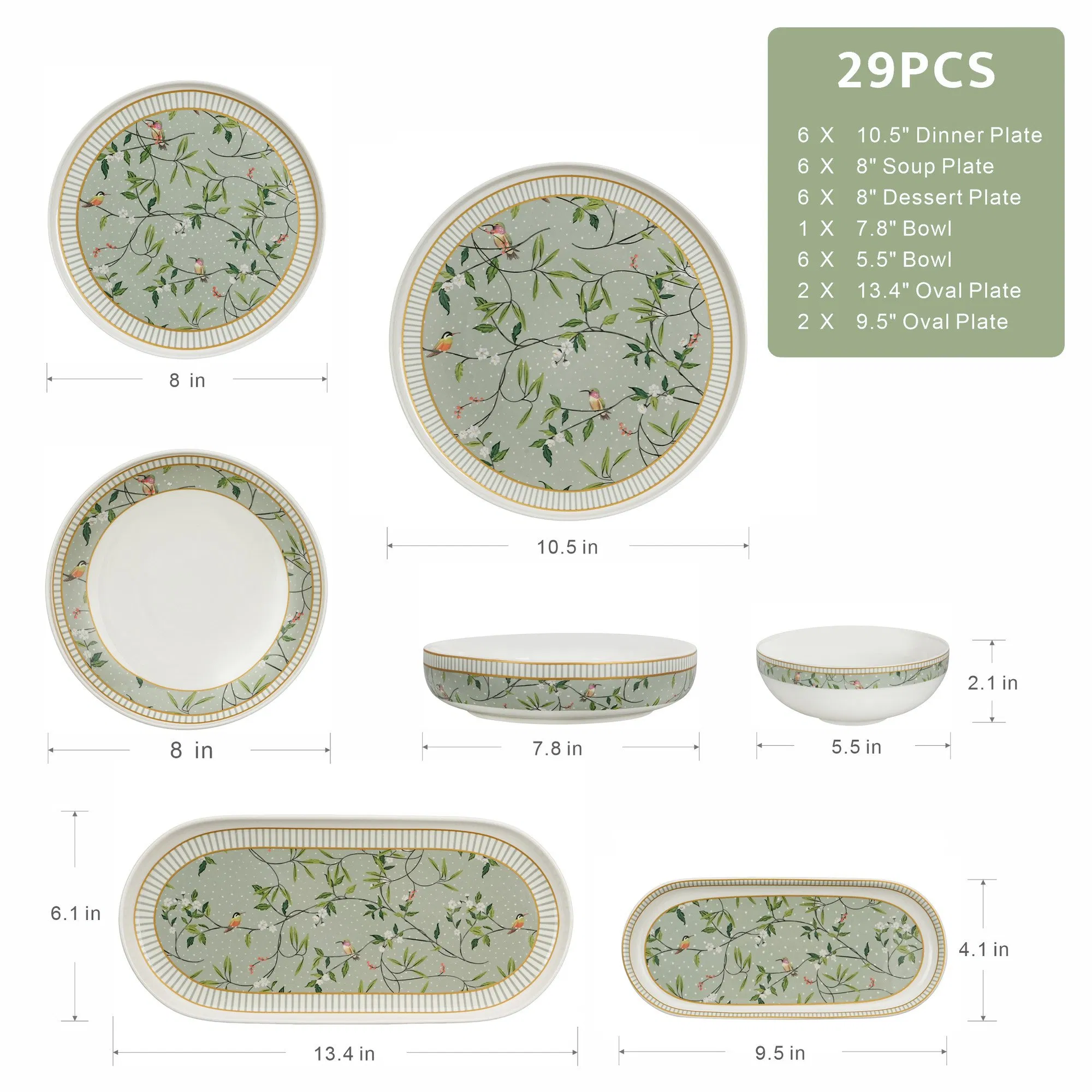 29 PCS Bone China Dinnerware Plates Dishes Tableware Ceramic Dinner Set