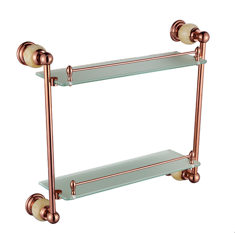 Luxury European Style Brass Plating Gold Jade Marble Bathroom Tempered Glass Storage Rack