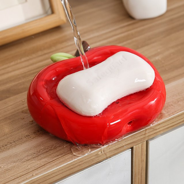 Apple Ceramic Soap Dish Bathroom Sink Soap Holder, Drainable, Non-Standing Water