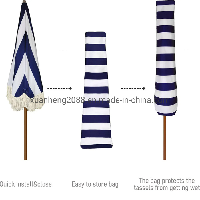 Stylish Outdoor Travel Customizable Unique Bohemian Beach Umbrella with Wooden Pole and Fringed Tassels Design Patio Resort Market Club Umbrella