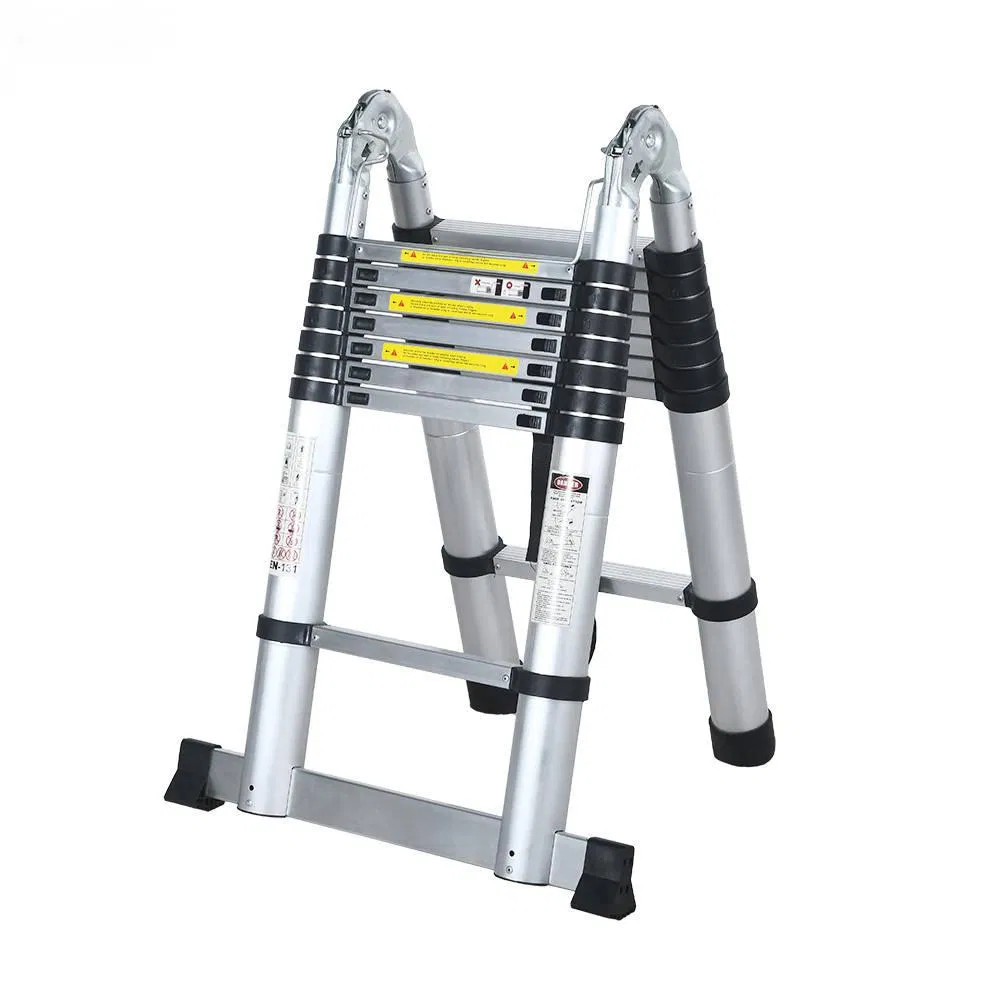 Direct Manufacturer Industrial Aluminum Telescoping Twin Step Ladder with Tool Tray for Maintenance & Installation