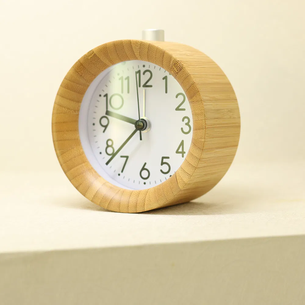 Natural Bamboo Round Shape Mute Scan Needle Alarm Clock