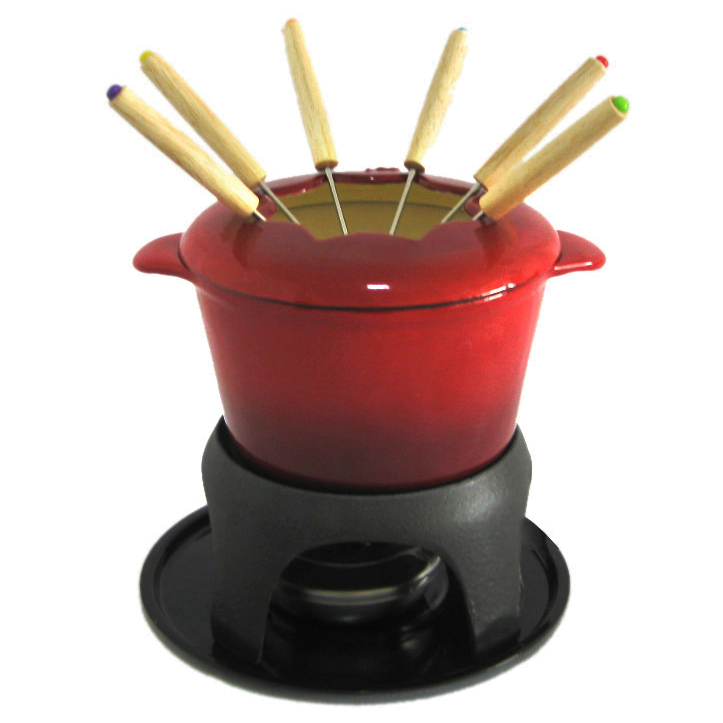 Enamel Cast Iron Fondue with Forks Burner and Base OEM Wholesale Kitchen Pots and Pans Set Cheese/Chocolate Pot Cast Iron Enamel Fondue, Fondue Set Mini Hot Pot