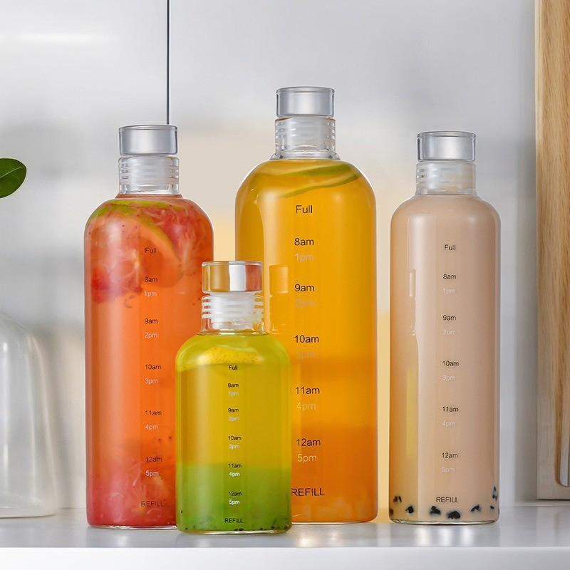 17oz 500ml High Borosilicate Glass Water Bottle Drinks Juice Beverage Glass Water Bottle with Time Marker Reminder for Sport