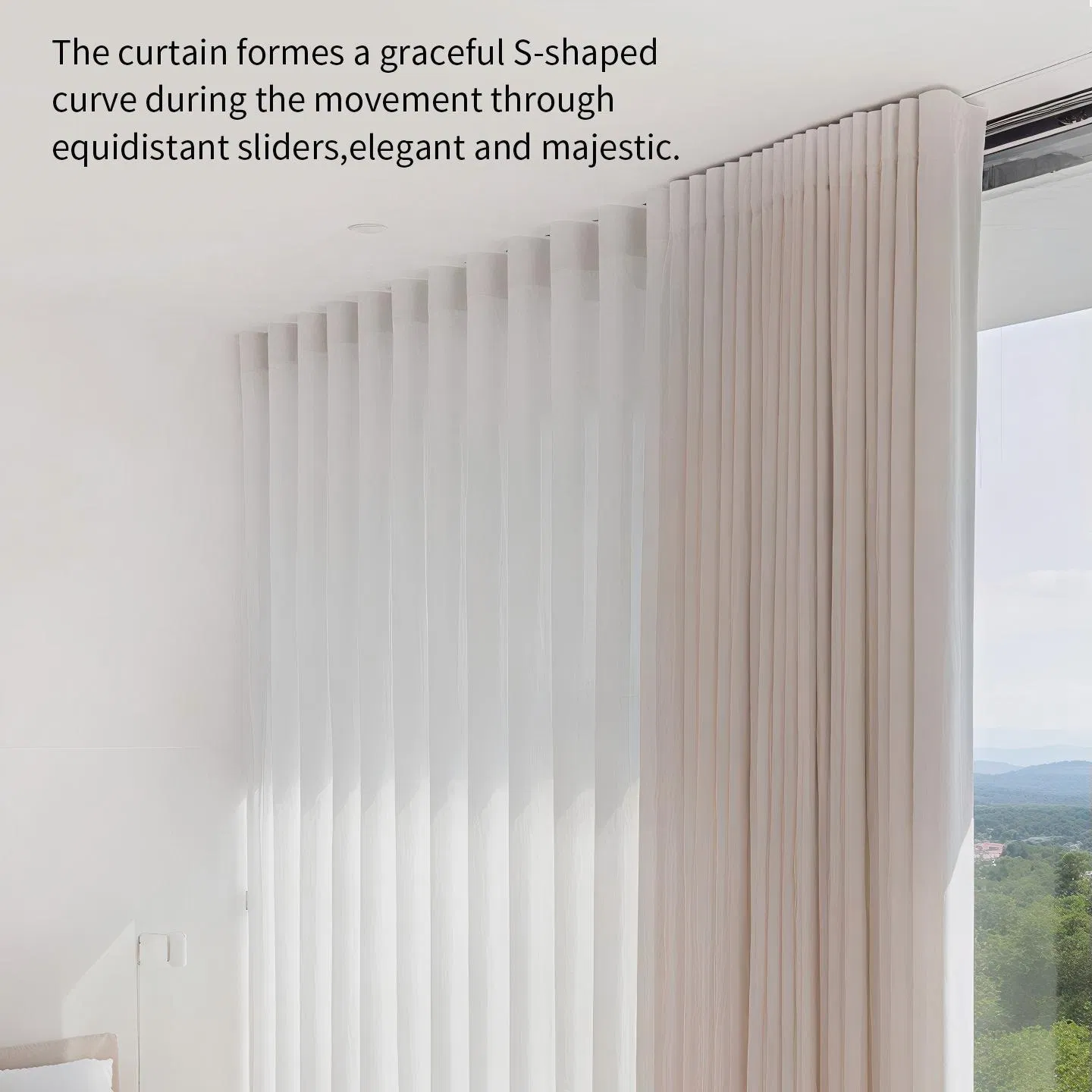 Beautiful and Elegant Windowsill with Wave Shaped Curtains and Dedicated Square Tracks