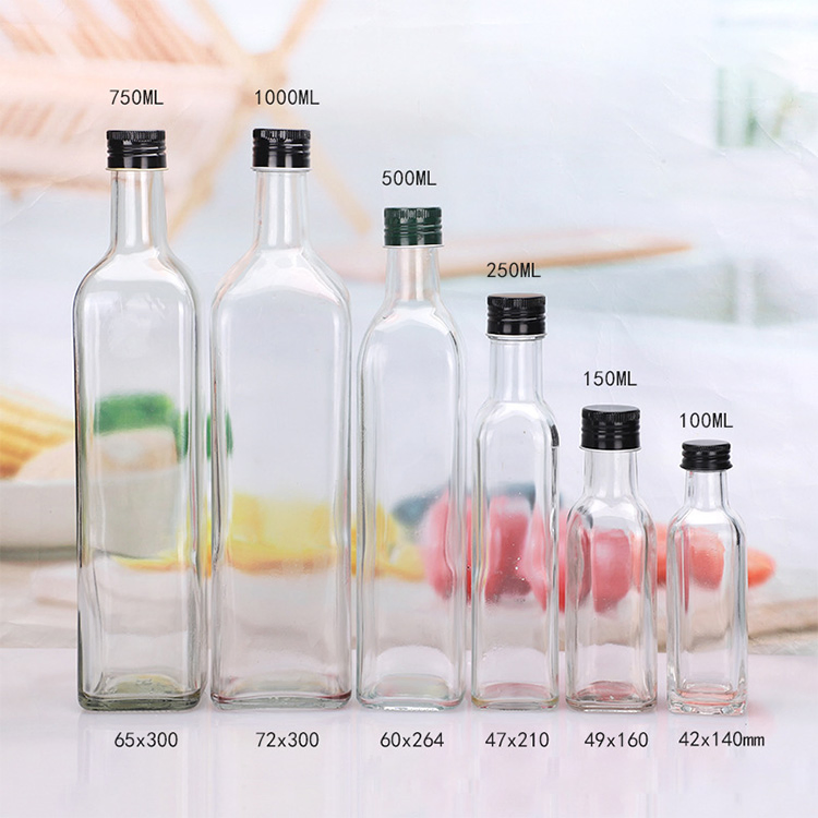 100ml 150ml 250ml 500ml 750ml 1000ml Square Clear Glass Olive Oil Bottle with Metal Screw Cap