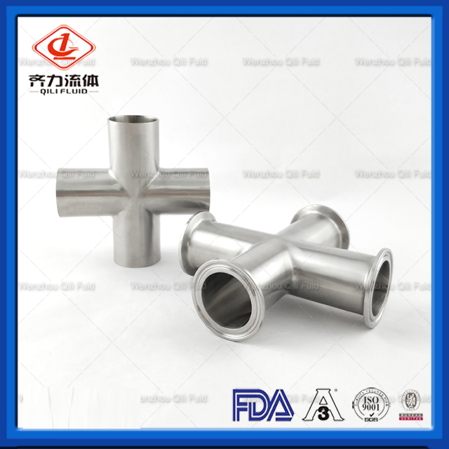 Sanitary SS304 3A, DIN, SMS Cross with Tri Clamp Ends Four Way Equal Cross