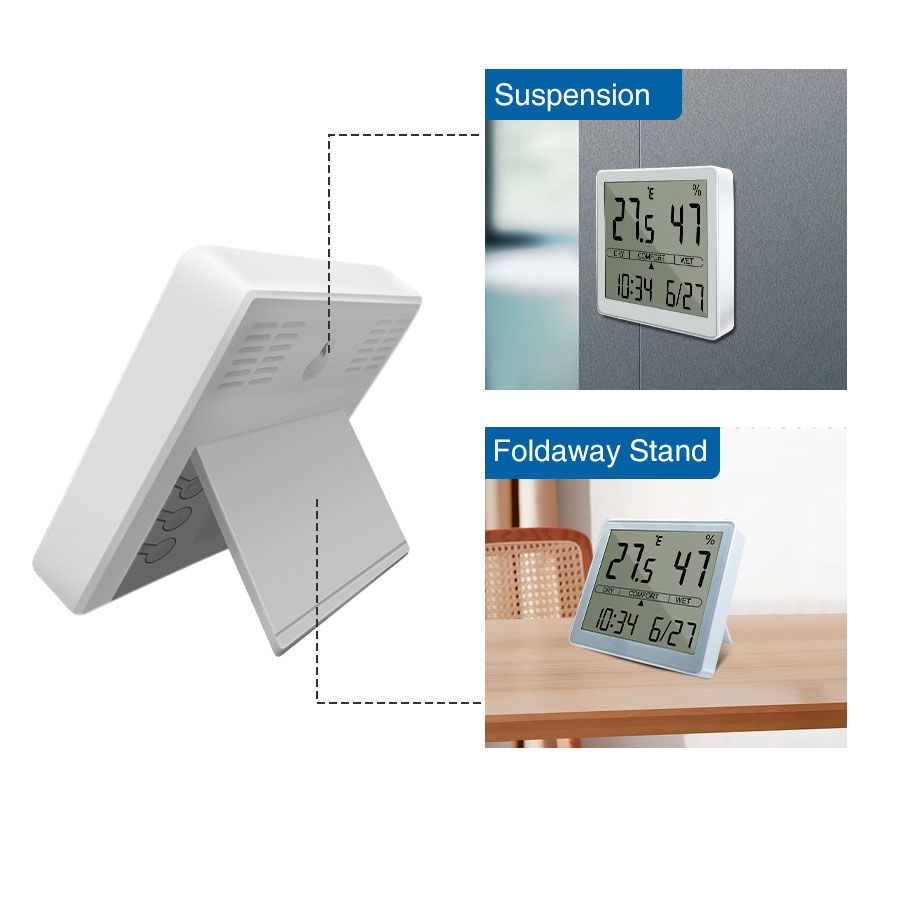 Temperature Humidity Meter, LCD Electronic Digital Outdoor/Indoor Thermometer Hygrometer with Clock Time Humidity Monitor