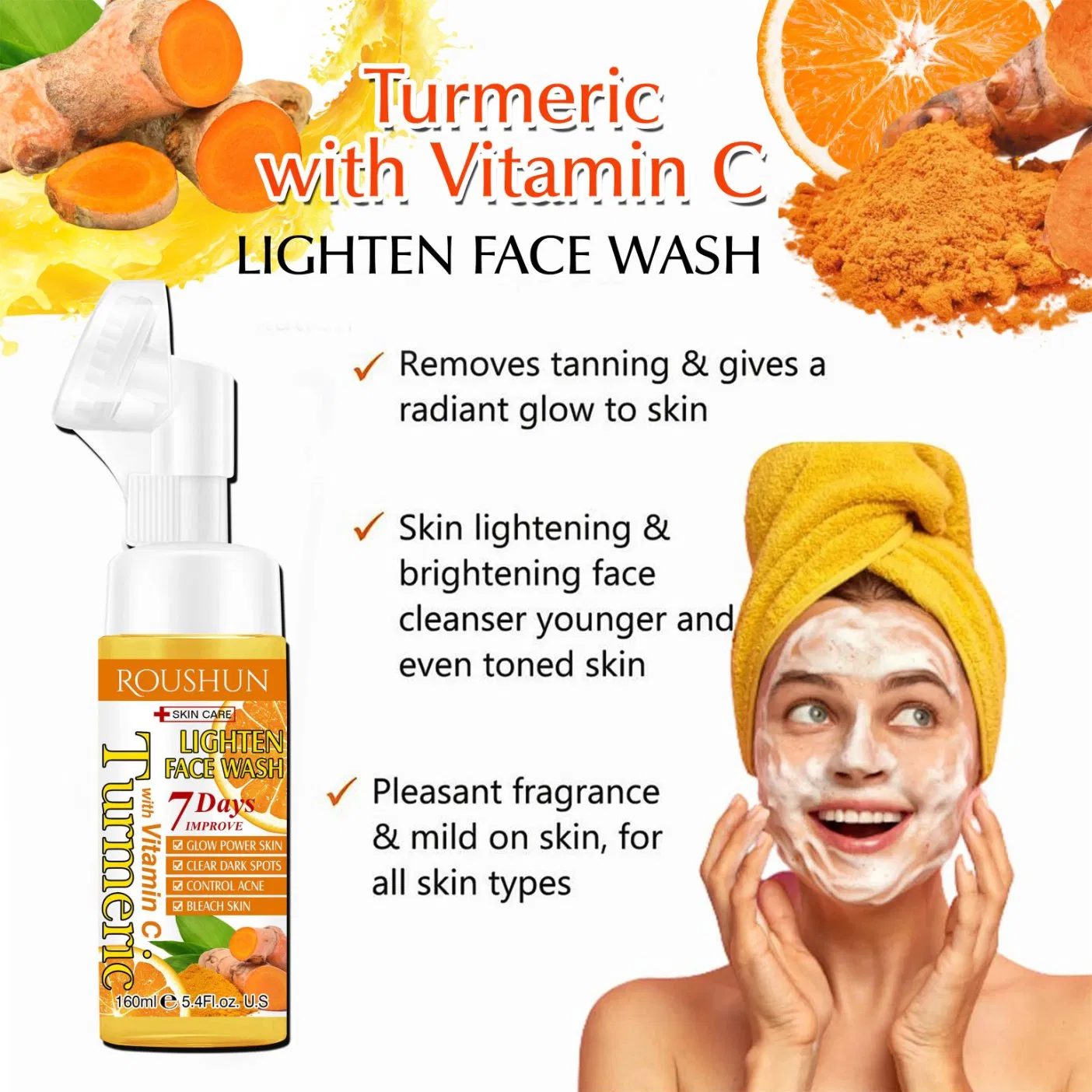 Turmeric Lighten Face Wash Facial Cleanser Skin Care Cosmetics Roushun