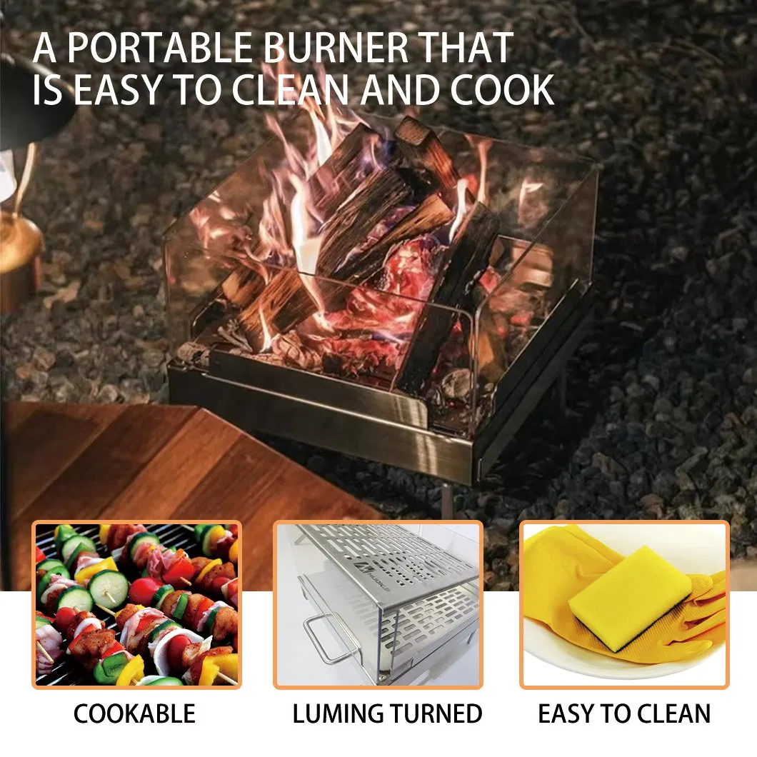 Fire Pit New Four-Sided Glass Stainless Steel Foldable Portable Fire Pit