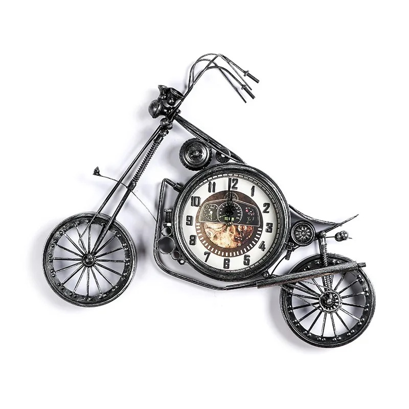 Silver Antique American Style Iron Motorcycle Clock Handmade Wall Clock