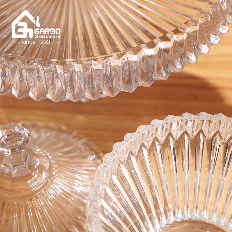 Big Size Fruit Glass Candy Pot with Lid Serving Candy Pot with Classic Strip Pattern High Quality Candy Pot with Stand