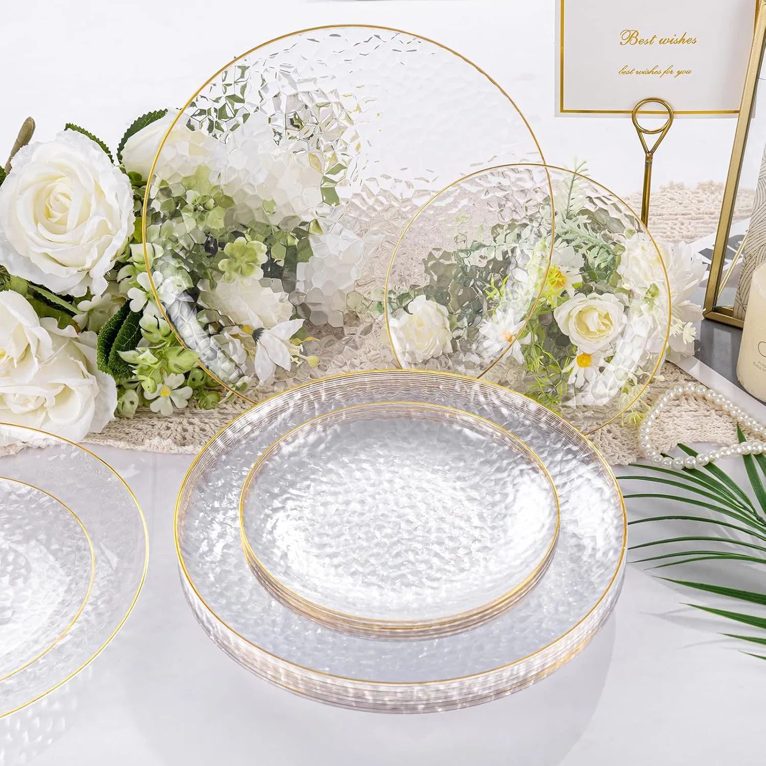 Clear Plastic Plates, Clear Disposable Plates with Gold Rim