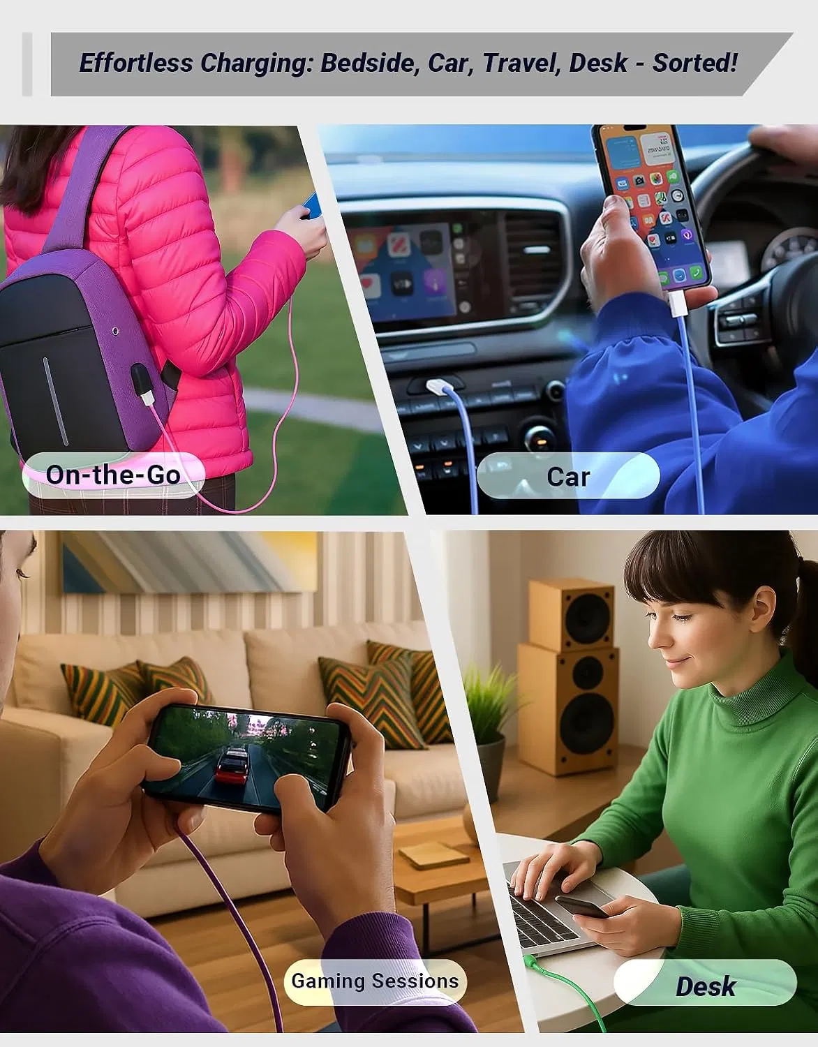 USB-C кабель для авто 60W, 6FT, быстрая зарядка