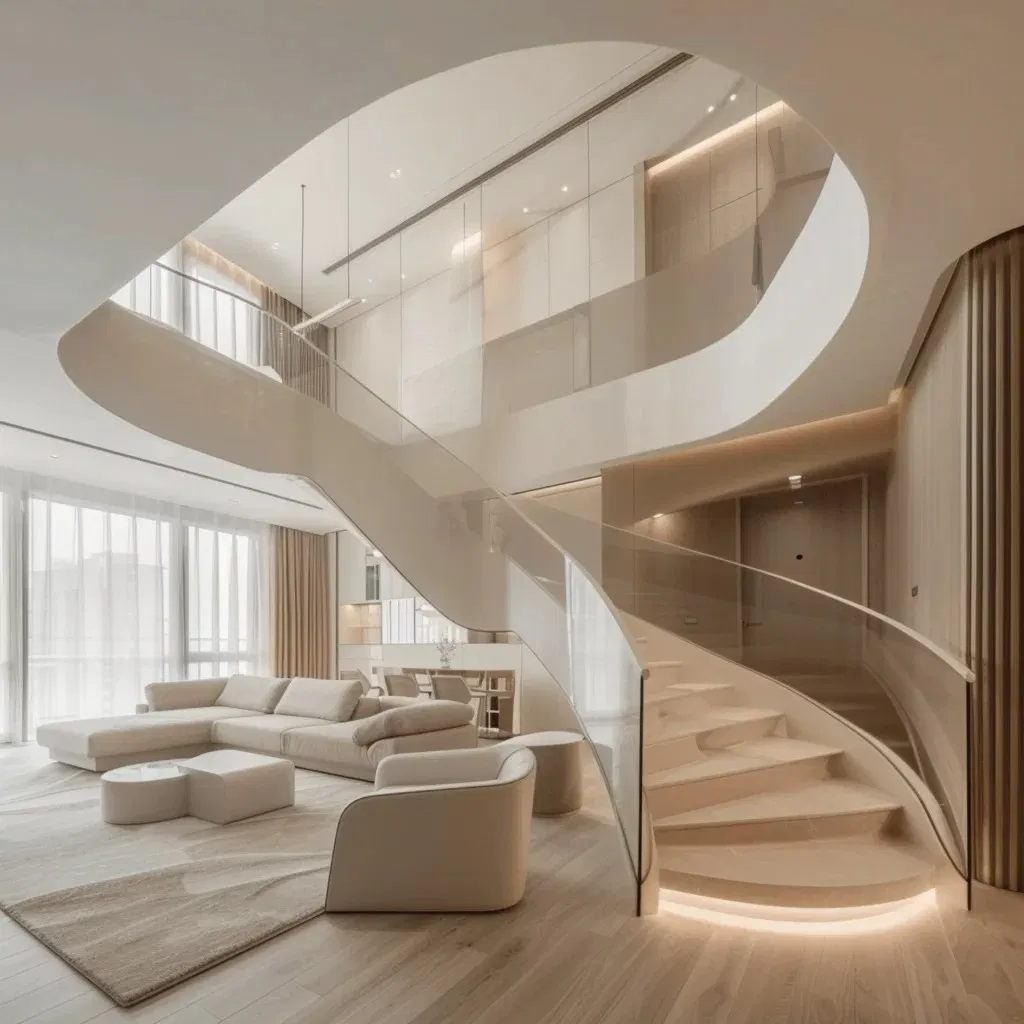 LED Light White Wooden Curve Staircase Floating Stairs Design Modern Interior Staircase with Wood Indoor Stairs