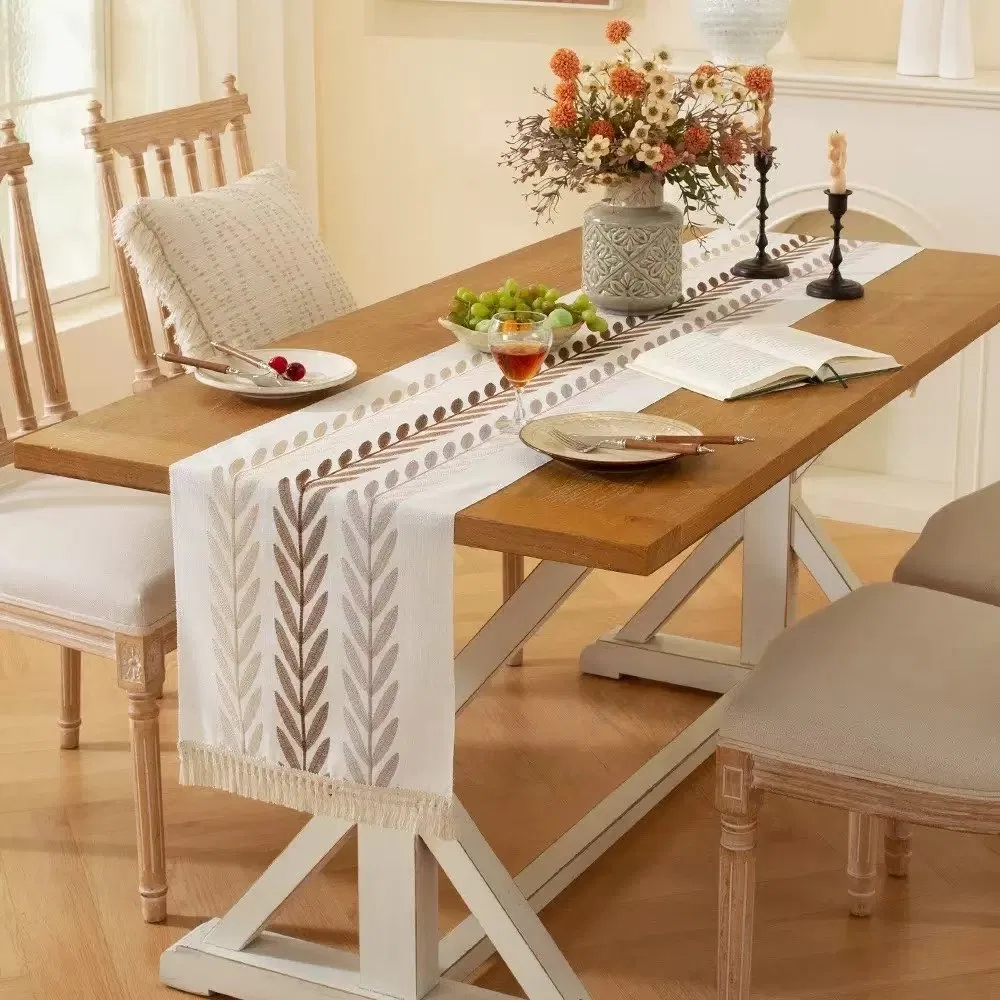 Available Designs Jacquard Polyester Coffee Table Runner with Tassels MOQ 10PCS