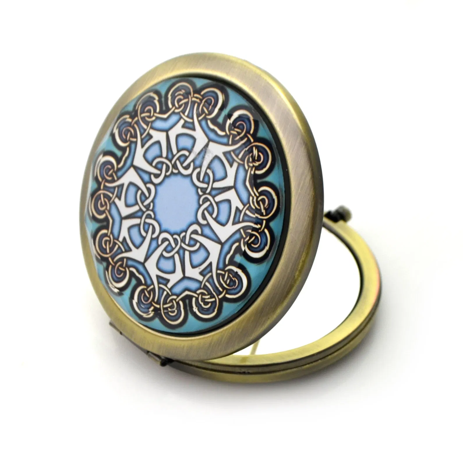 Exquisite Vintage Print Small Round Mirror for Makeup, Magnifying Folding Pocket Mirror