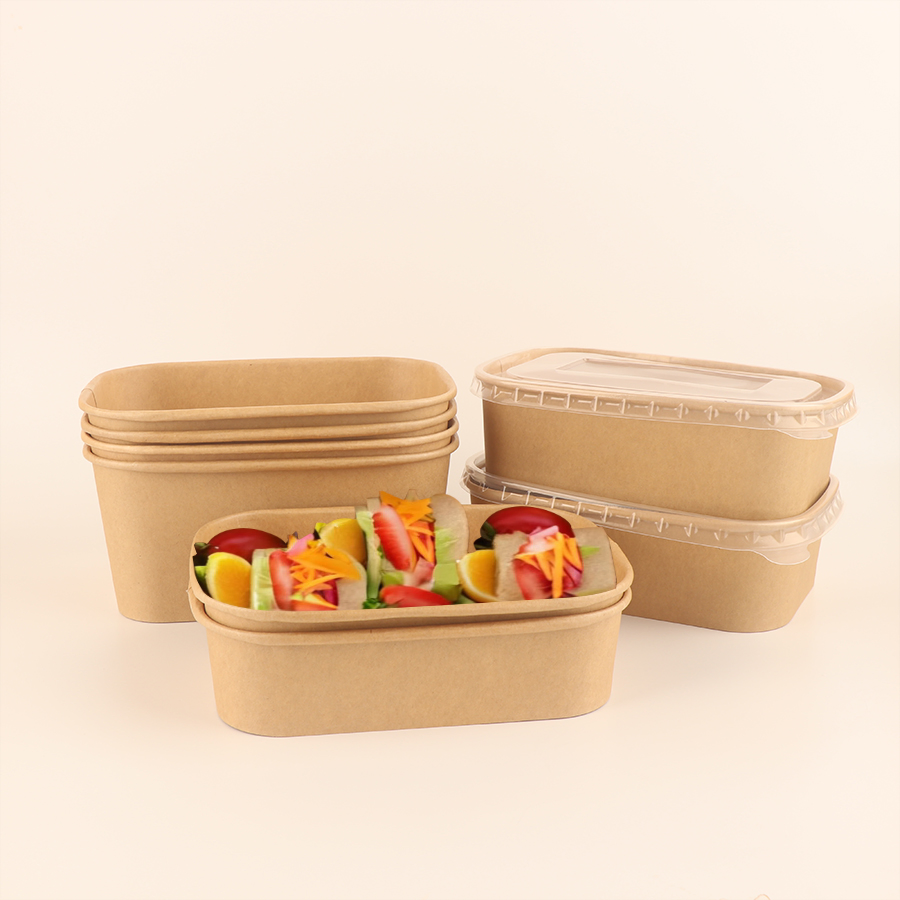 Smooth-Glazed Disposable Custom 1600ml Food Packing Box Salad Bowls Kraft Paper Bowl with Lid