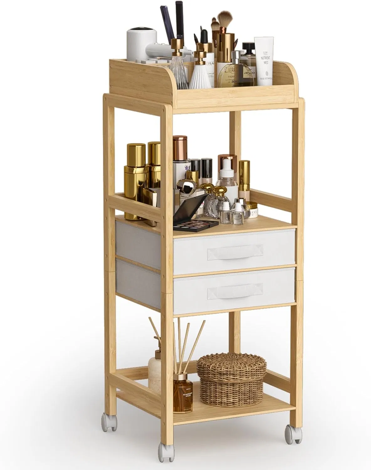 Multi Purpose Bamboo Storage Rack with Wheeled Fabric for Skincare Products