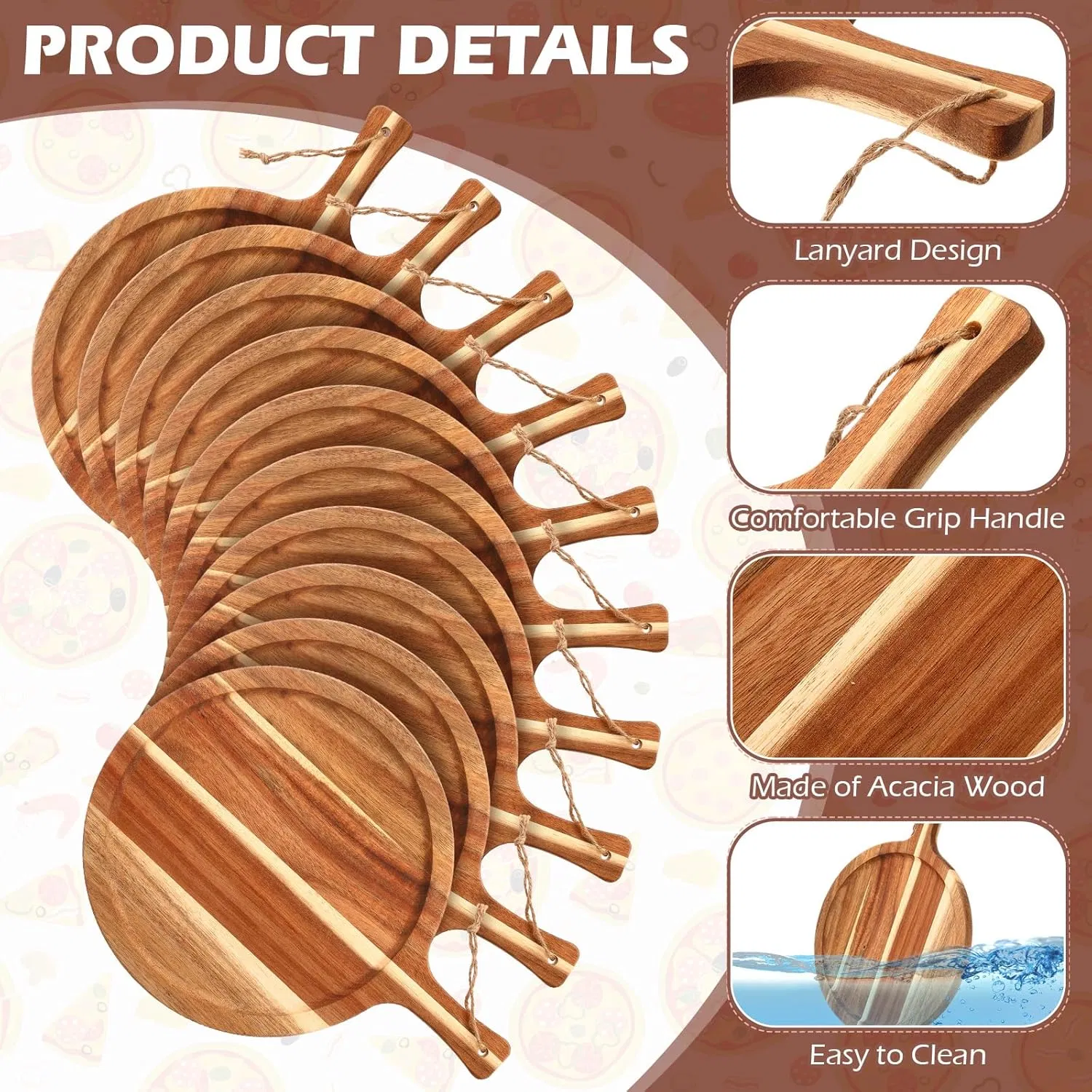 Round Wood Acacia Chopping Boards Cutting Board Serving Tray with Handle for Pizza Bread Cheese Fruit Vegetable