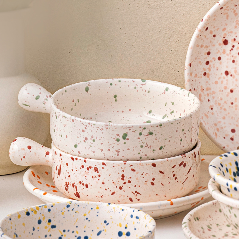 Ins Style Speckle Pattern Ceramic Bowl with Handle Home Kitchenware