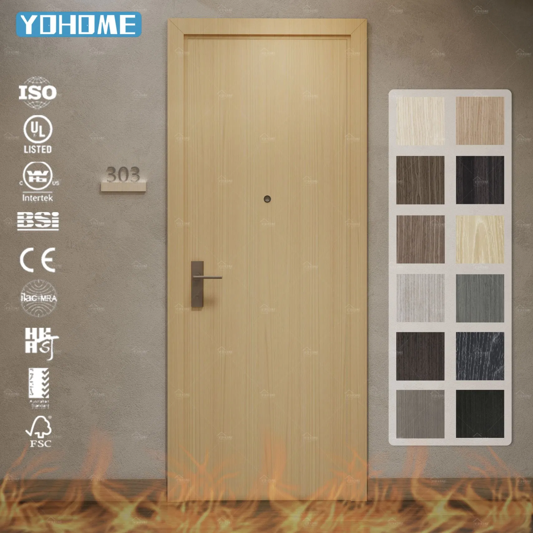 Europe Modern Simple Hotel Internal Prehung 30 60 Min Fire Rated Soundproof Wooden Apartment Room Wood Fire Door