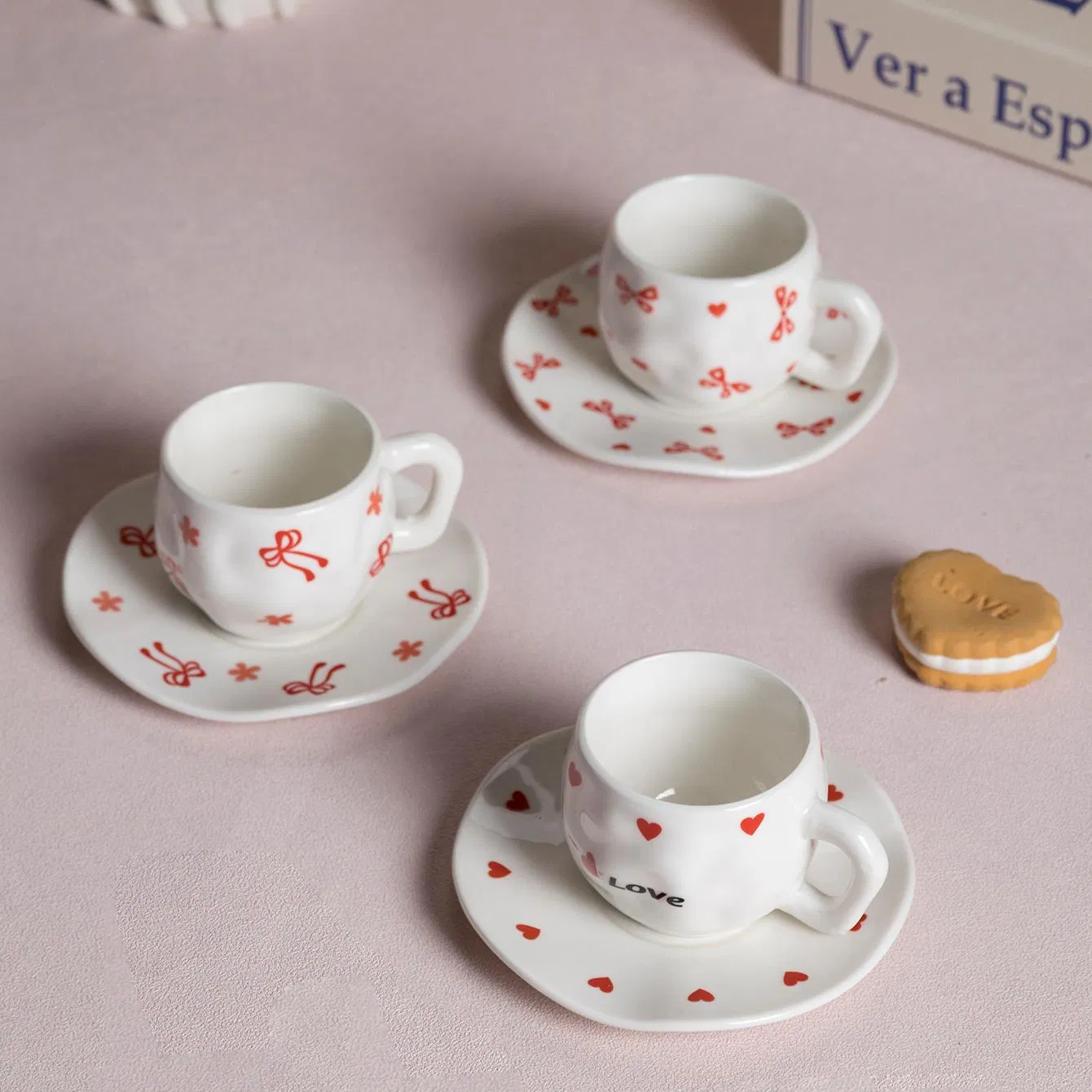 Ceramic Coffee Mug with Saucer Set for Latte Tea Milk, Cute Creative Love Heart & Bow Ceramic Mug Cup Unique Irregular Design for Office and Home