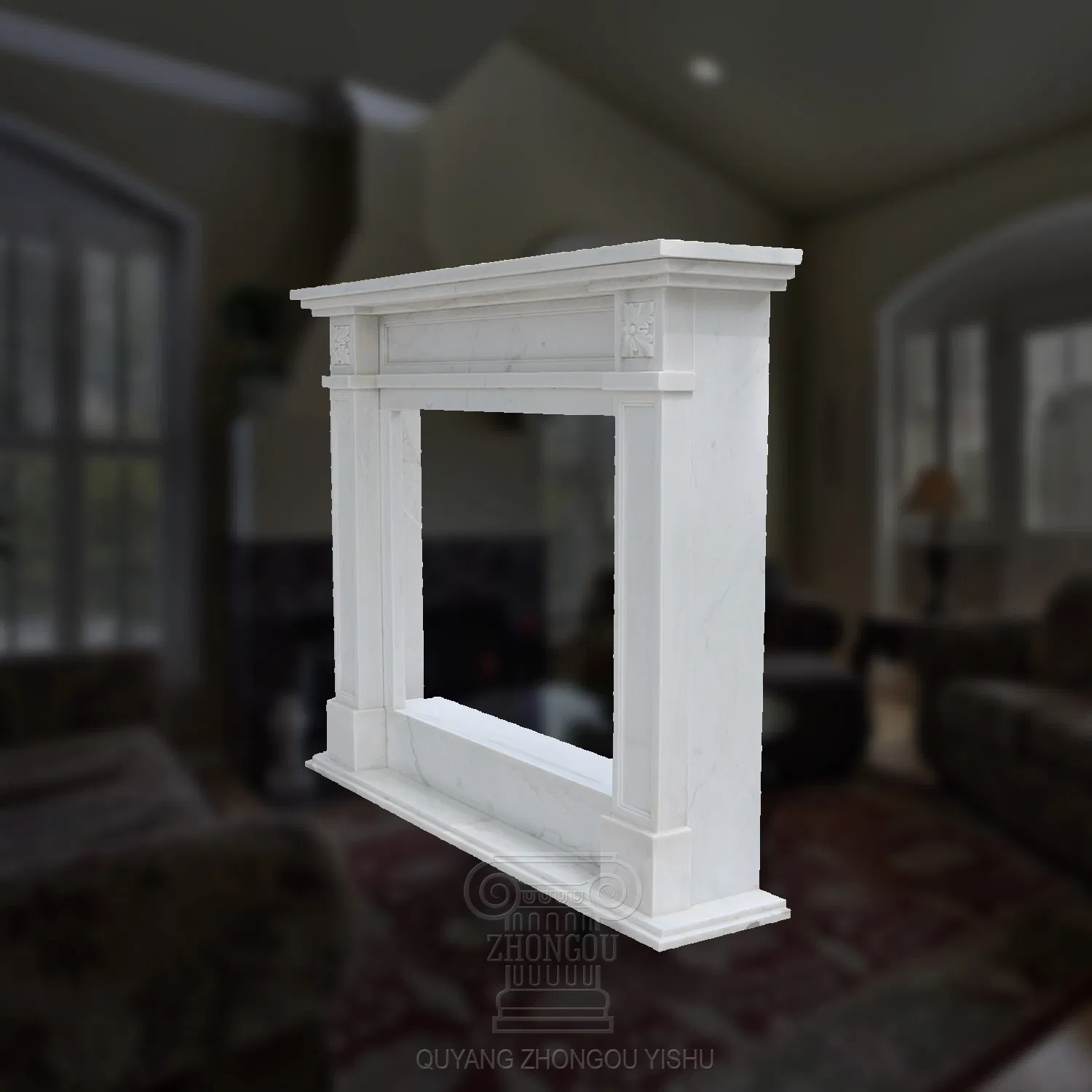 Carved White Marble Fireplace with Patterns for Indoor Room Decoration